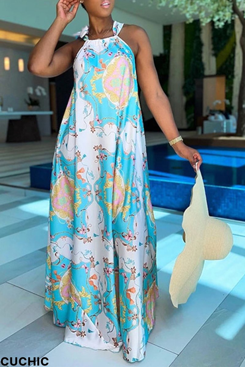 Light Blue Casual Print Patchwork Halter Straight Dresses-CuChic
