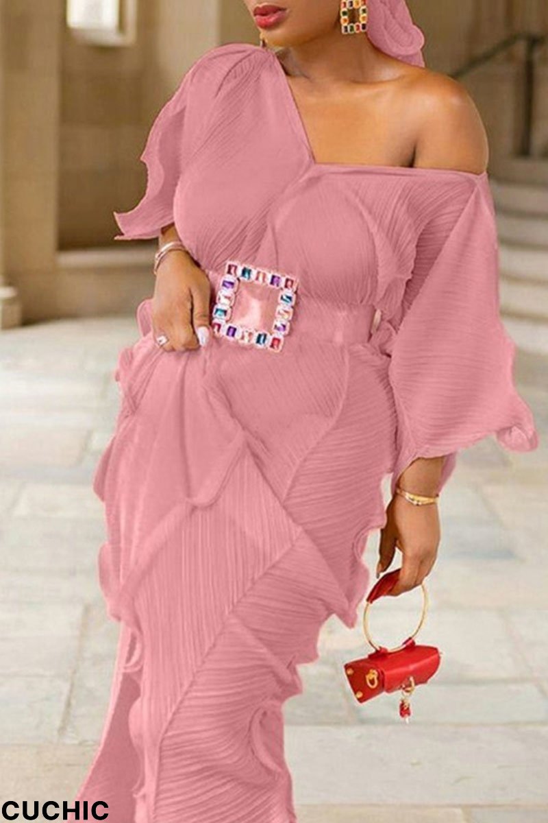 Pink Elegant Solid Patchwork Flounce With Belt V Neck One Step Skirt Dresses-CuChic