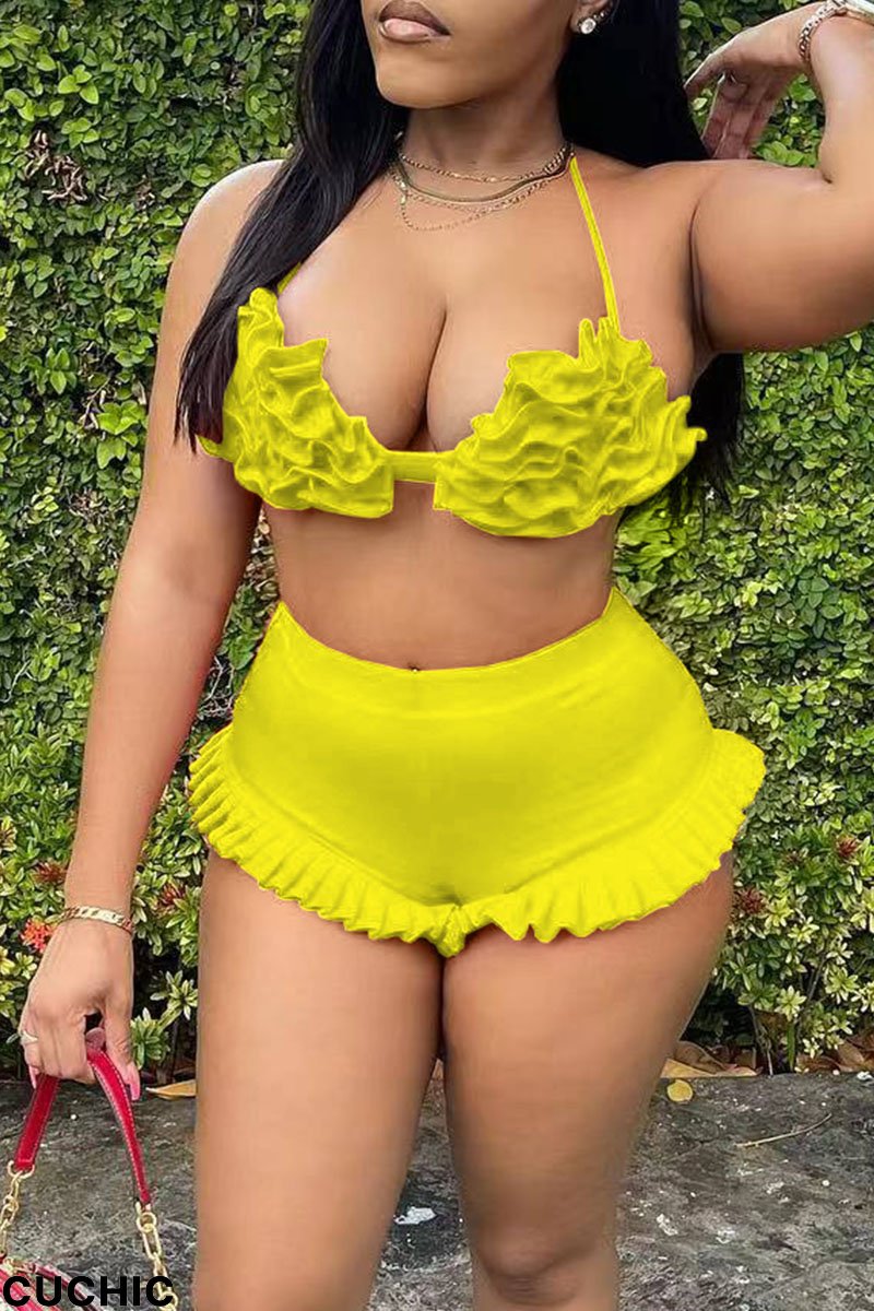 Yellow Sexy Solid Split Joint Halter Sleeveless Two Pieces-CuChic