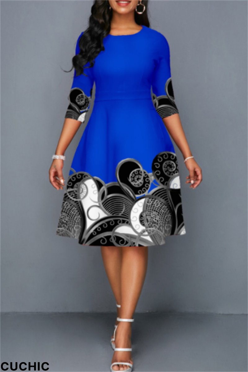 Blue Fashion Casual Print Basic O Neck Dresses-CuChic