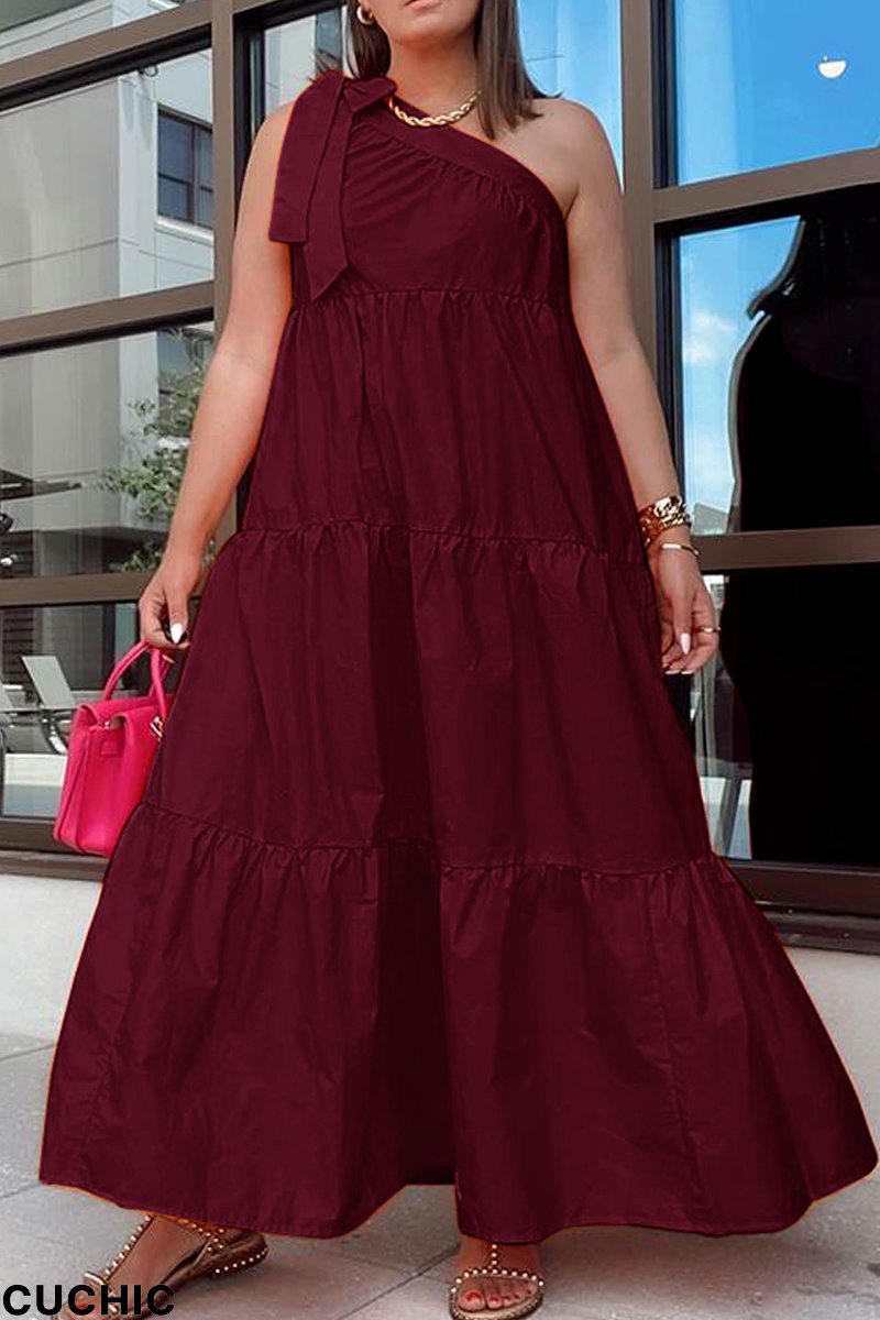Burgundy Sexy Casual Solid Bandage Backless Oblique Collar Sleeveless Dress-CuChic