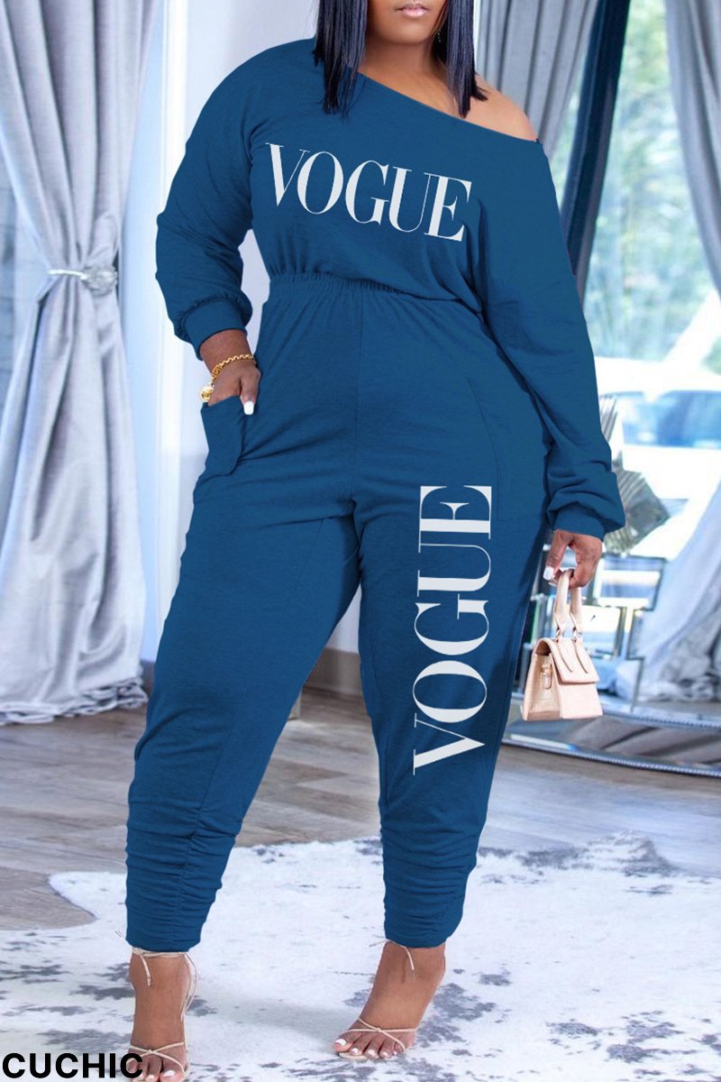 Blue Fashion Casual Letter Print Fold Oblique Collar Regular Jumpsuits-CuChic