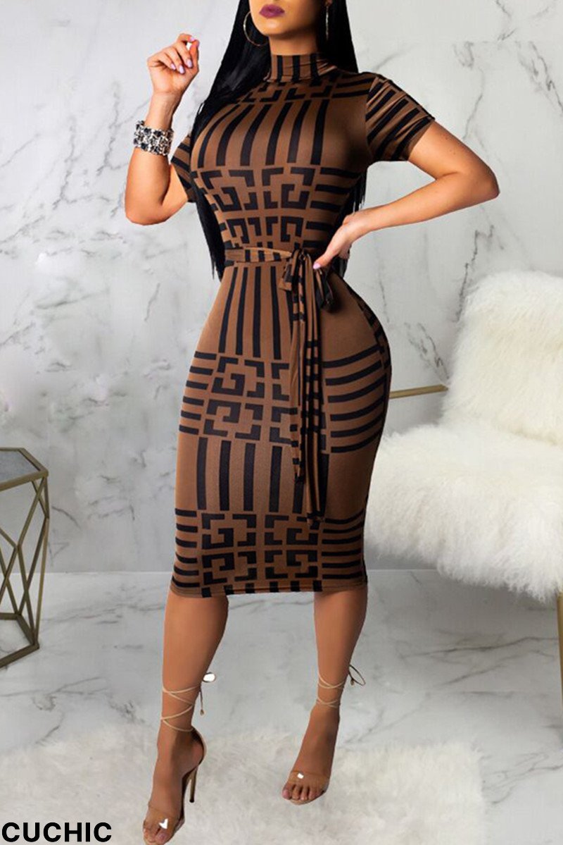 Brown Fashion Casual Print With Belt Turtleneck Short Sleeve Dress Dresses-CuChic
