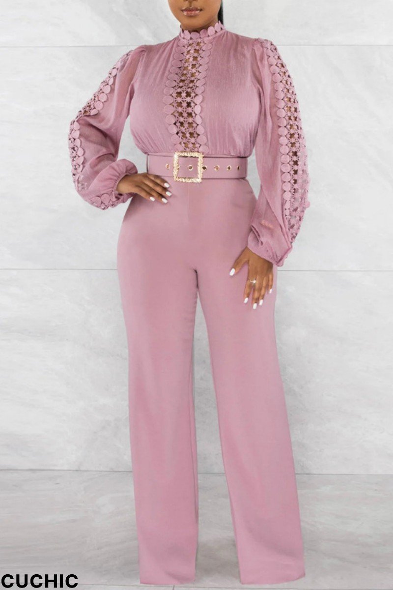 Pink Casual Solid Hollowed Out Patchwork Half A Turtleneck Regular Jumpsuits-CuChic