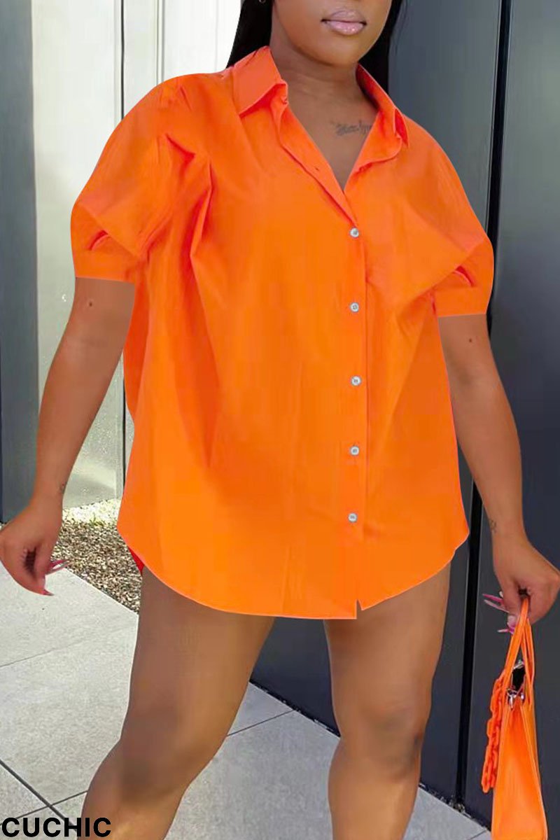 Tangerine Red Casual Solid Split Joint Buckle Turndown Collar Tops-CuChic