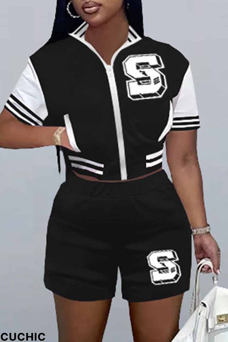 Black Fashion Casual Letter Print Patchwork Zipper Collar Short Sleeve Two Pieces-CuChic