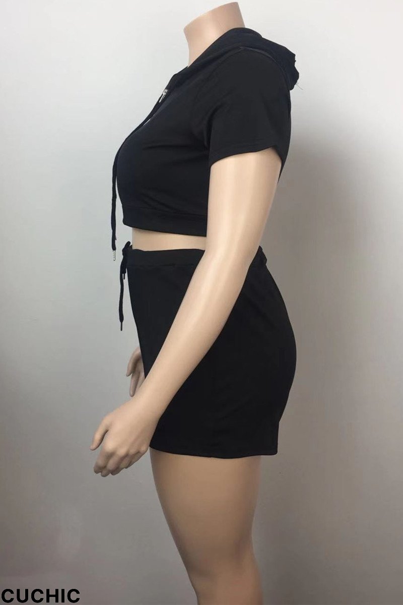 Black Fashion Casual Solid Basic Hooded Collar Plus Size Two Pieces-CuChic