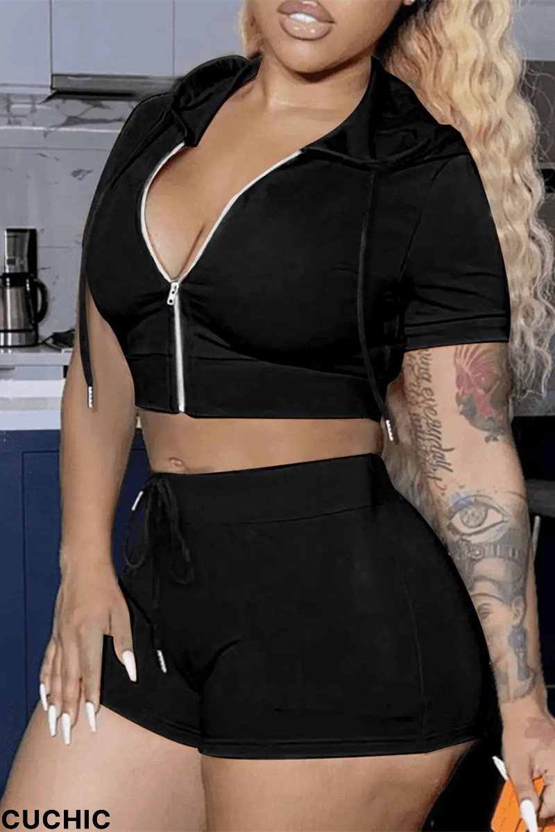 Black Fashion Casual Solid Basic Hooded Collar Plus Size Two Pieces-CuChic