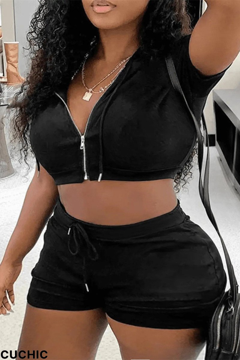 Black Fashion Casual Solid Basic Hooded Collar Plus Size Two Pieces-CuChic