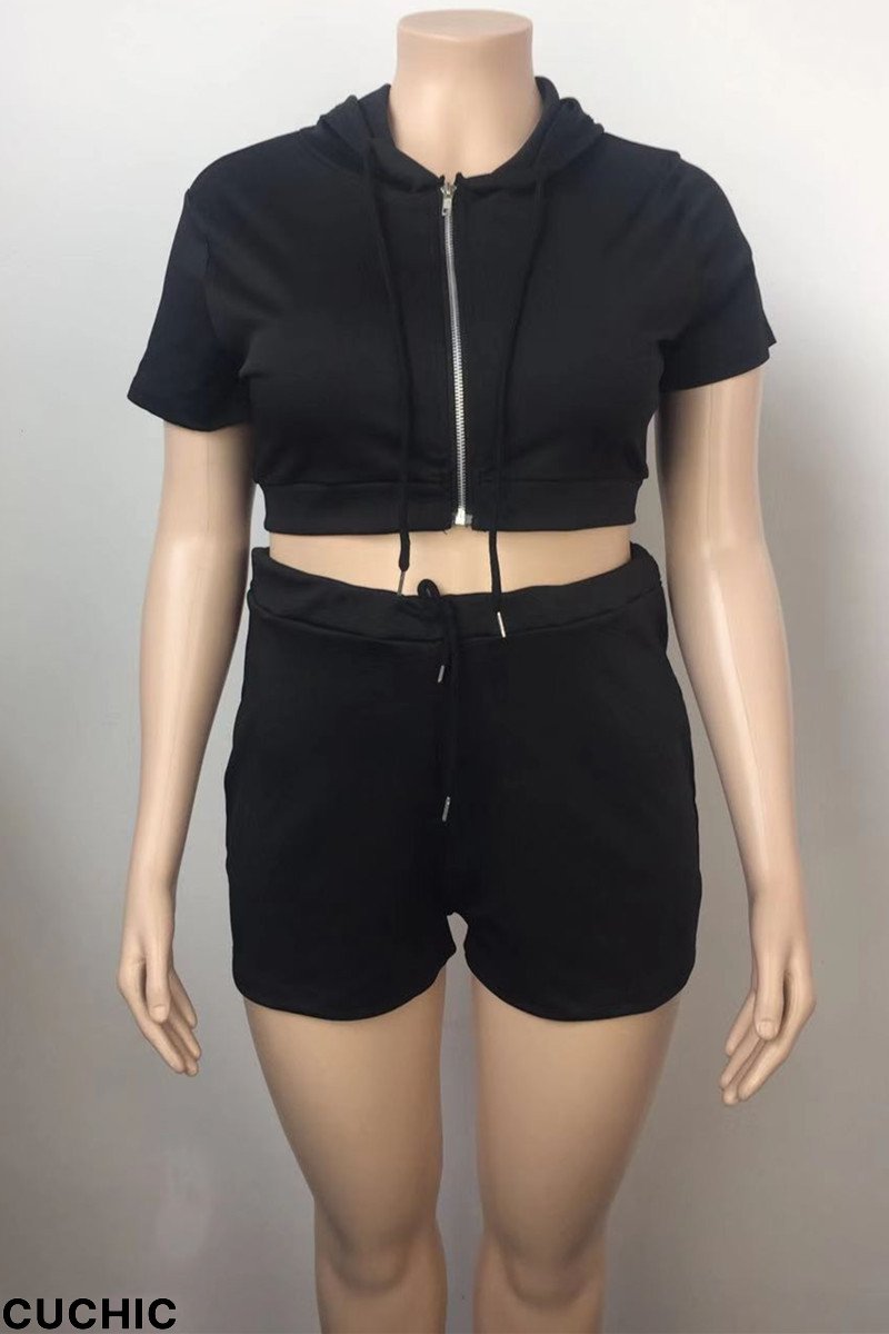 Black Fashion Casual Solid Basic Hooded Collar Plus Size Two Pieces-CuChic