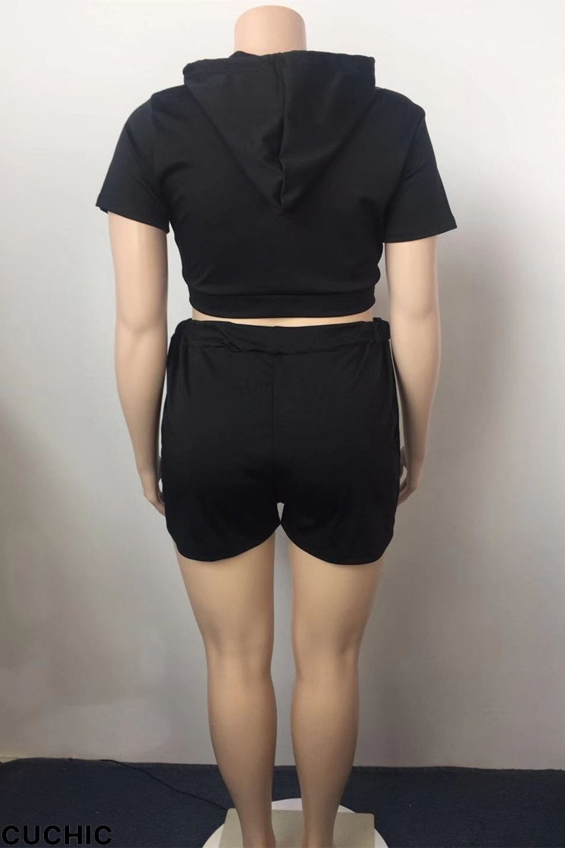 Black Fashion Casual Solid Basic Hooded Collar Plus Size Two Pieces-CuChic