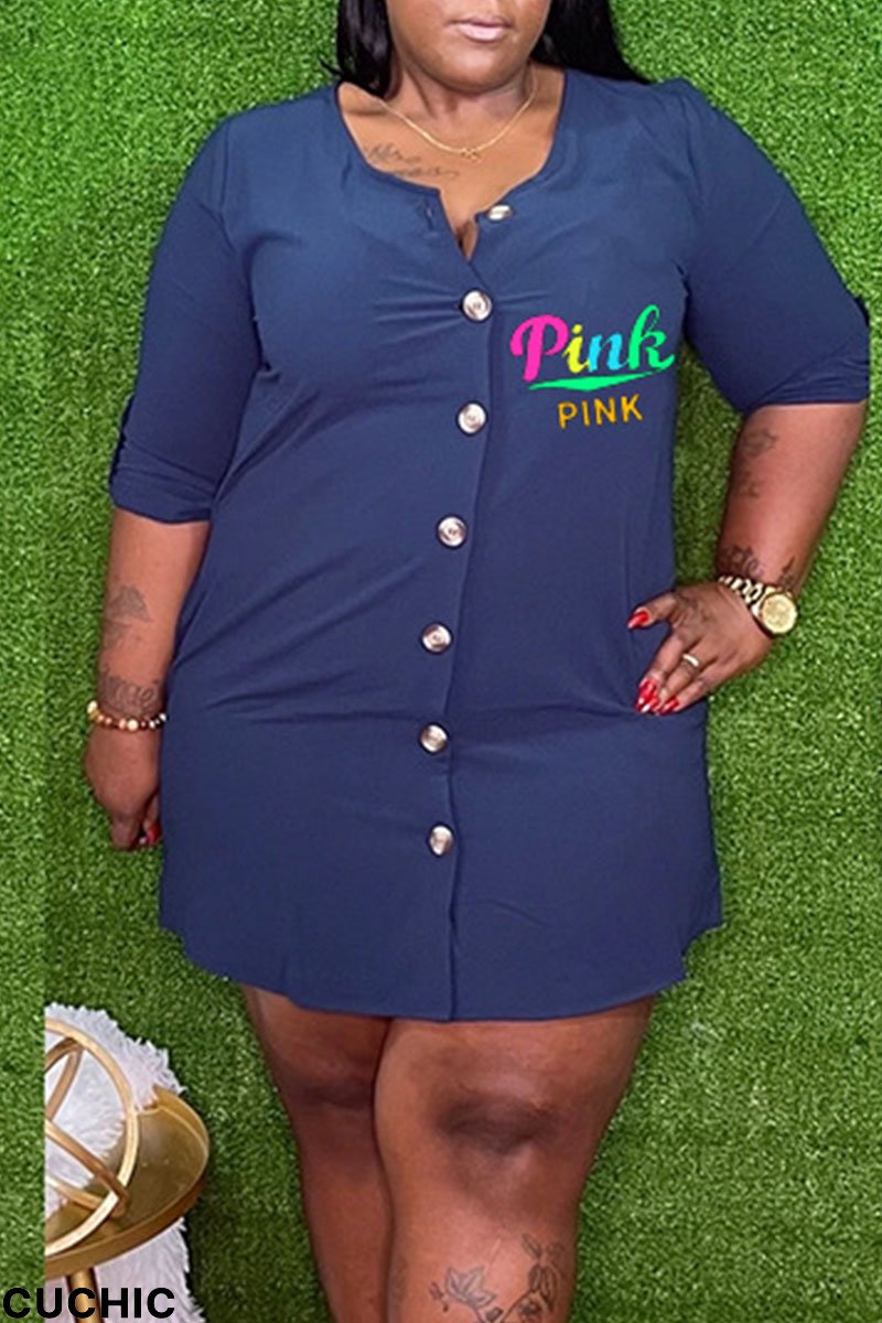 Blue Casual Print Patchwork Buckle O Neck Straight Plus Size Dresses-CuChic