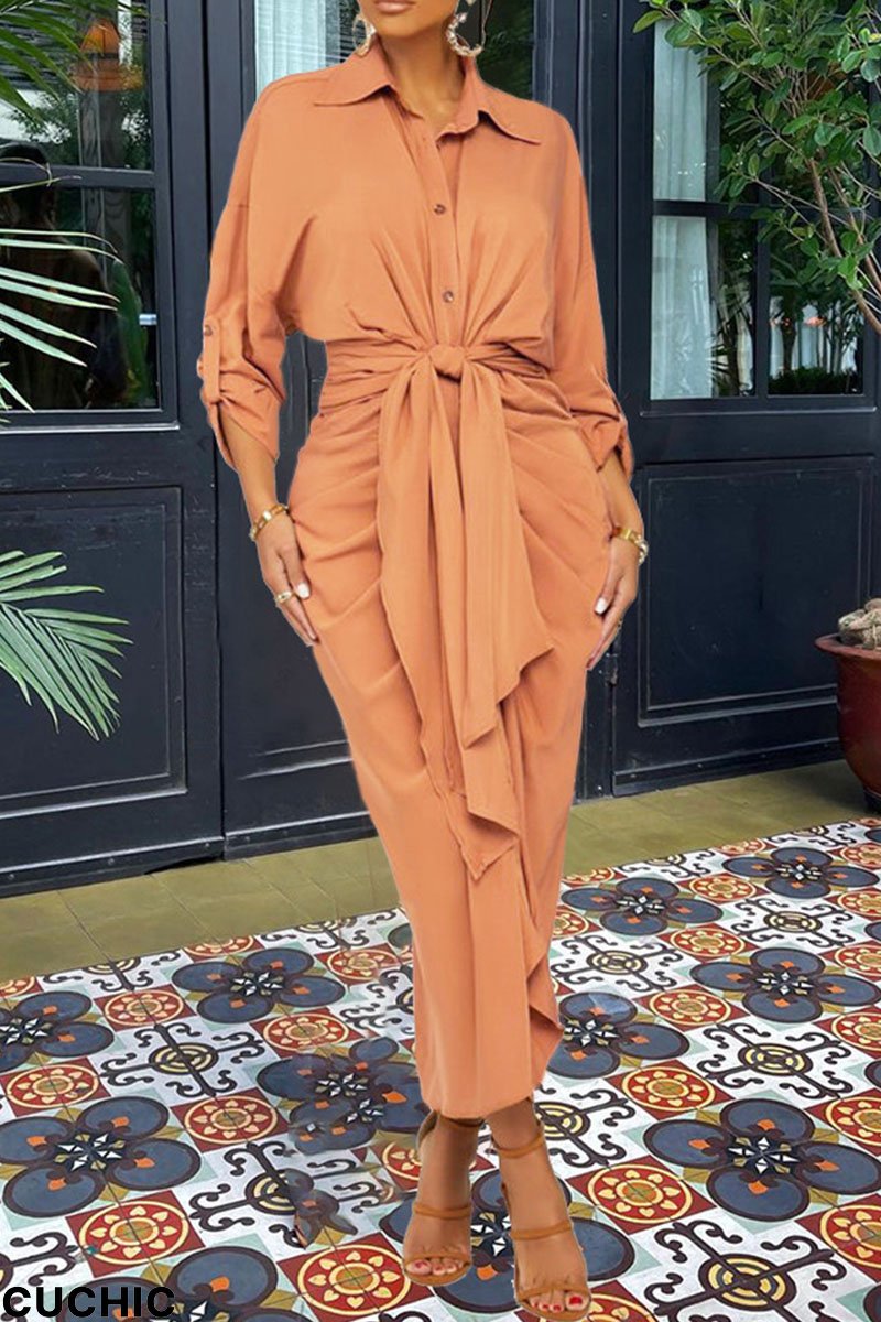 Brown Casual Solid Bandage Split Joint Buckle Turndown Collar Shirt Dress Dresses-CuChic