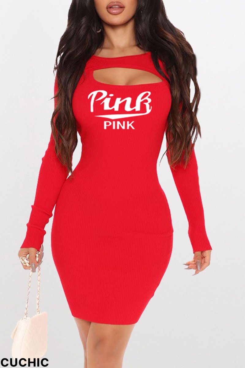 Red Casual Print Hollowed Out Patchwork O Neck Pencil Skirt Dresses-CuChic