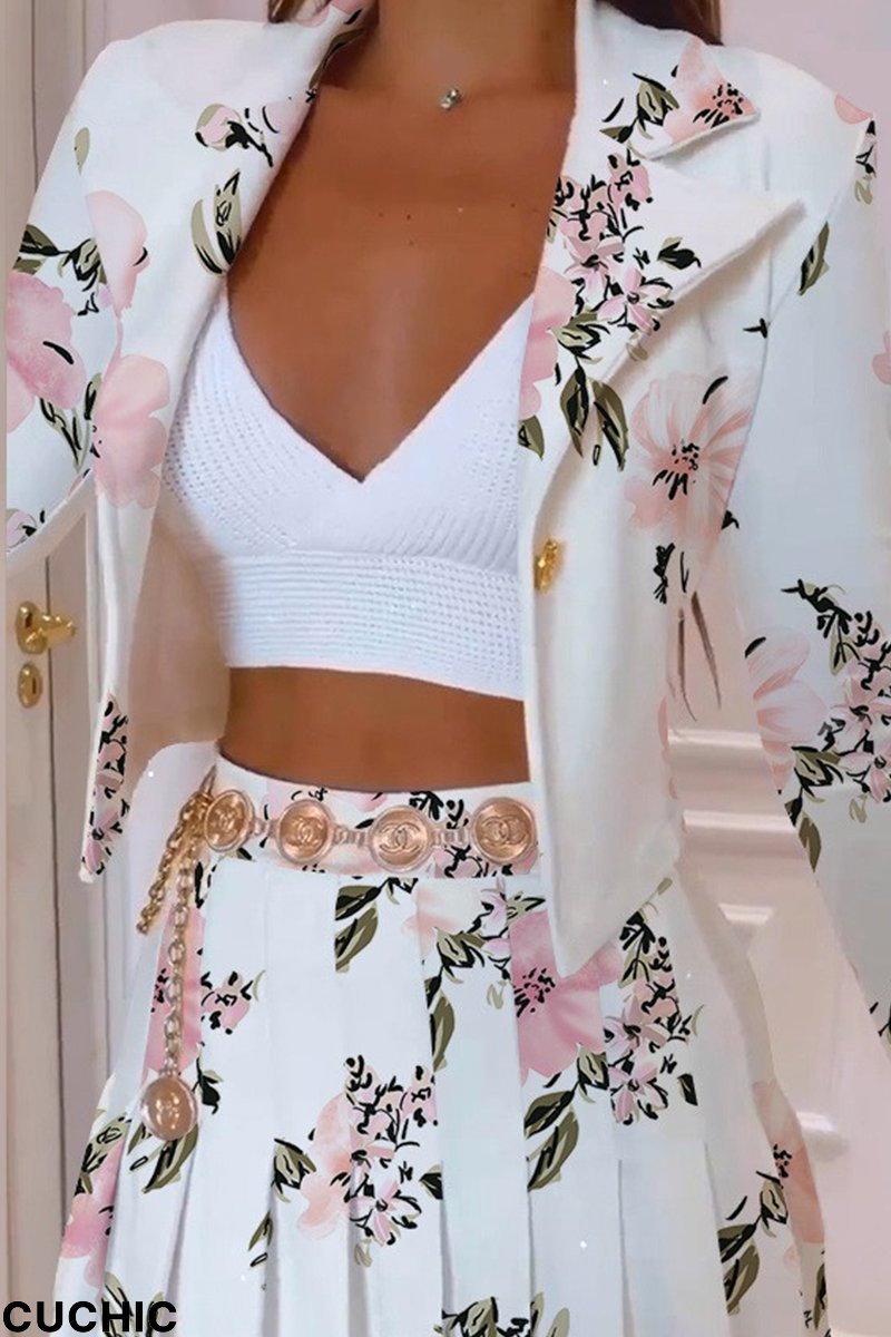 White Pink Fashion Casual Print Patchwork Cardigan Turndown Collar Outerwear-CuChic