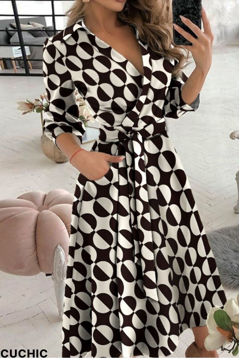 Black And White Casual Print Bandage Split Joint V Neck A Line Dresses-CuChic