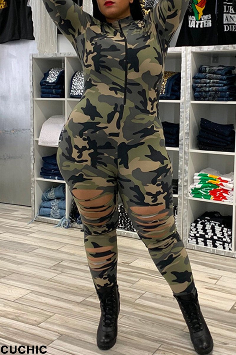 Camouflage Fashion Casual Camouflage Print Ripped Zipper Collar Plus Size Jumpsuits-CuChic