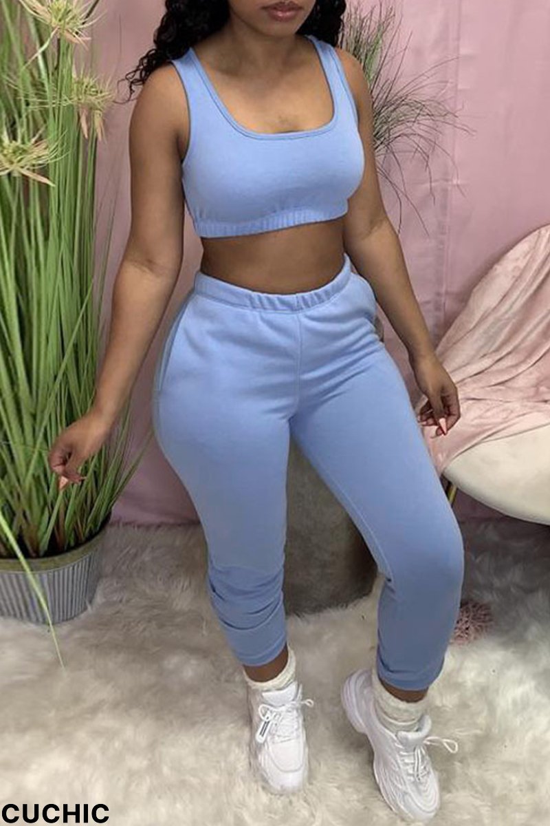 Light Blue Casual Sportswear Solid Vests Pants U Neck Sleeveless Two Pieces-CuChic