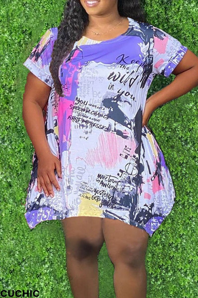 White Casual Print Patchwork Asymmetrical O Neck A Line Plus Size Dresses-CuChic