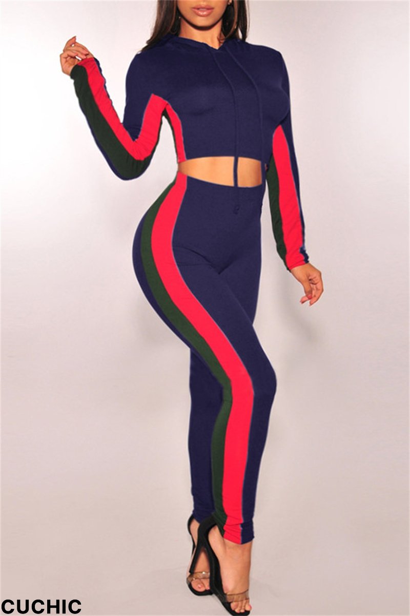 Blue Casual Sportswear Striped Split Joint Hooded Collar Long Sleeve Two Pieces-CuChic