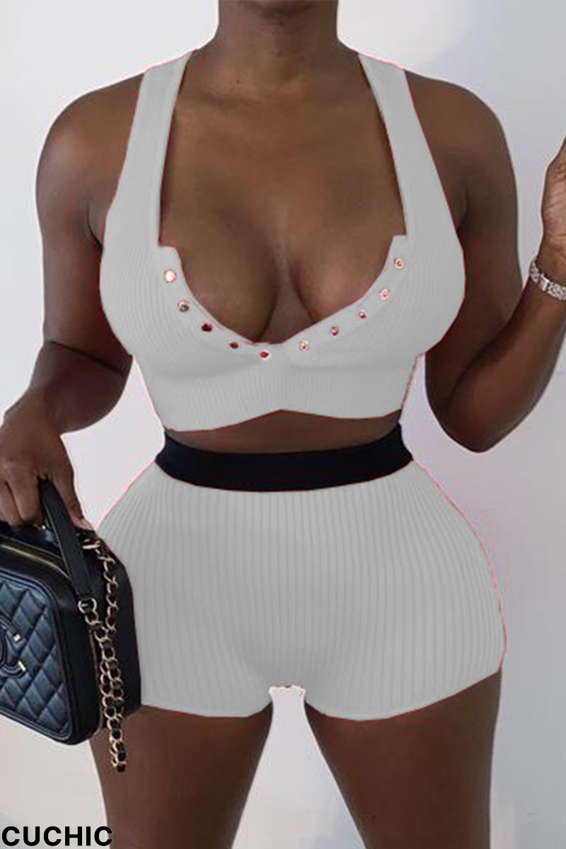 White Sexy Solid Buckle V Neck Sleeveless Two Pieces-CuChic