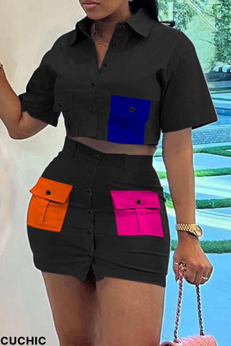 Black Casual Solid Patchwork Buttons Shirt Collar Short Sleeve Two Pieces-CuChic