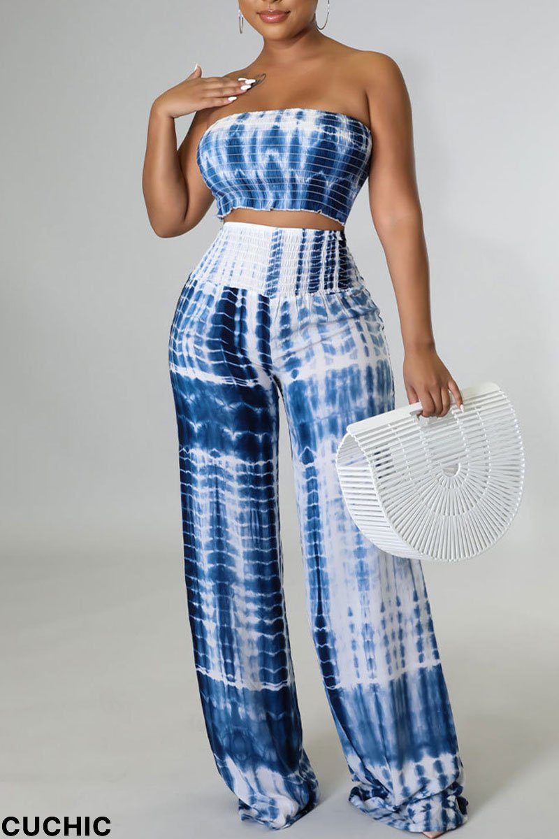 Blue Casual Print Split Joint Strapless Sleeveless Two Pieces-CuChic