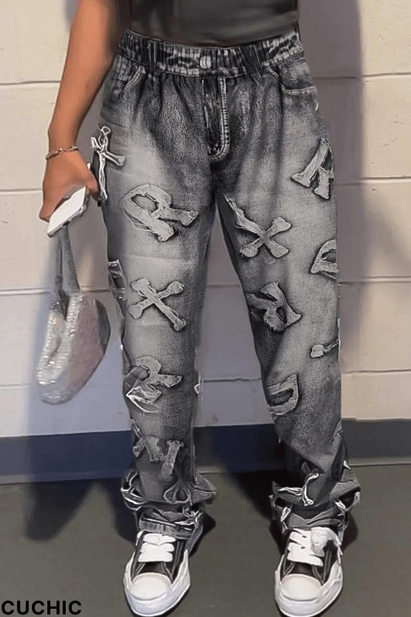 Grey Street Print Make Old Patchwork High Waist Denim Jeans-CuChic