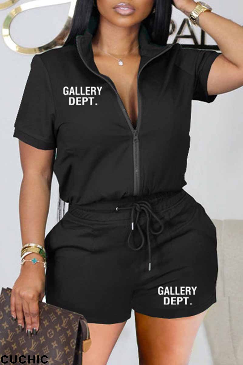 Black Casual Print Letter Zipper Collar Short Sleeve Two Pieces-CuChic