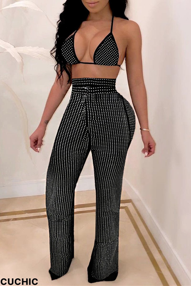 Black Fashion Sexy Patchwork Hot Drilling Bandage Backless Halter Sleeveless Two Pieces-CuChic