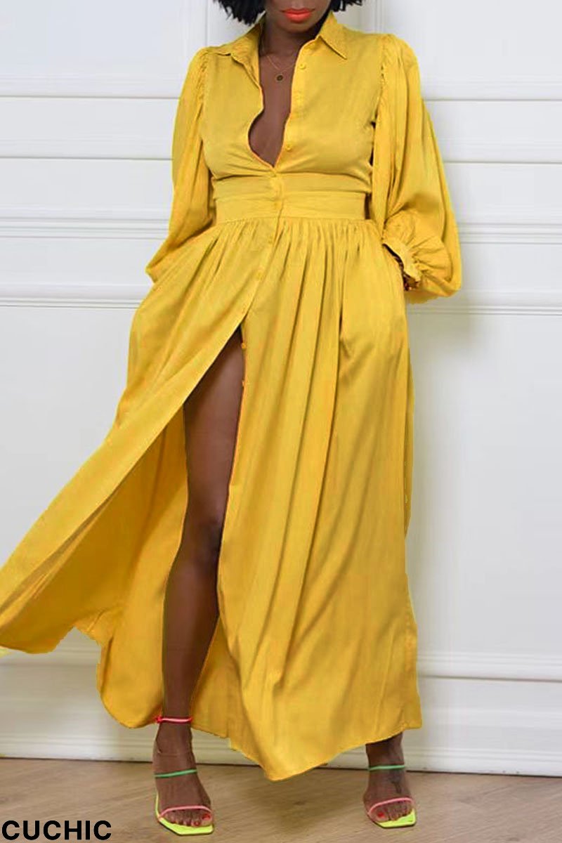 Yellow Casual Elegant Solid Patchwork Buckle Turndown Collar Shirt Dress Dresses-CuChic