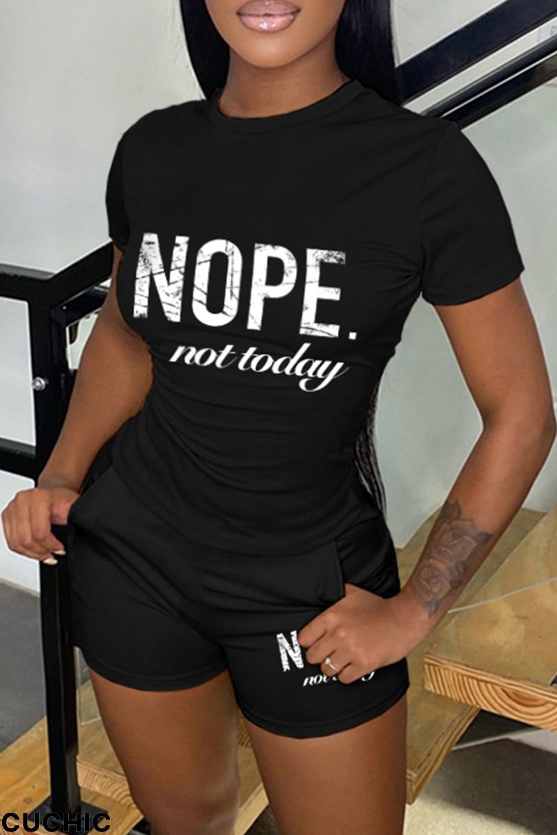 Black Casual Letter Print Basic O Neck Short Sleeve Two Pieces-CuChic