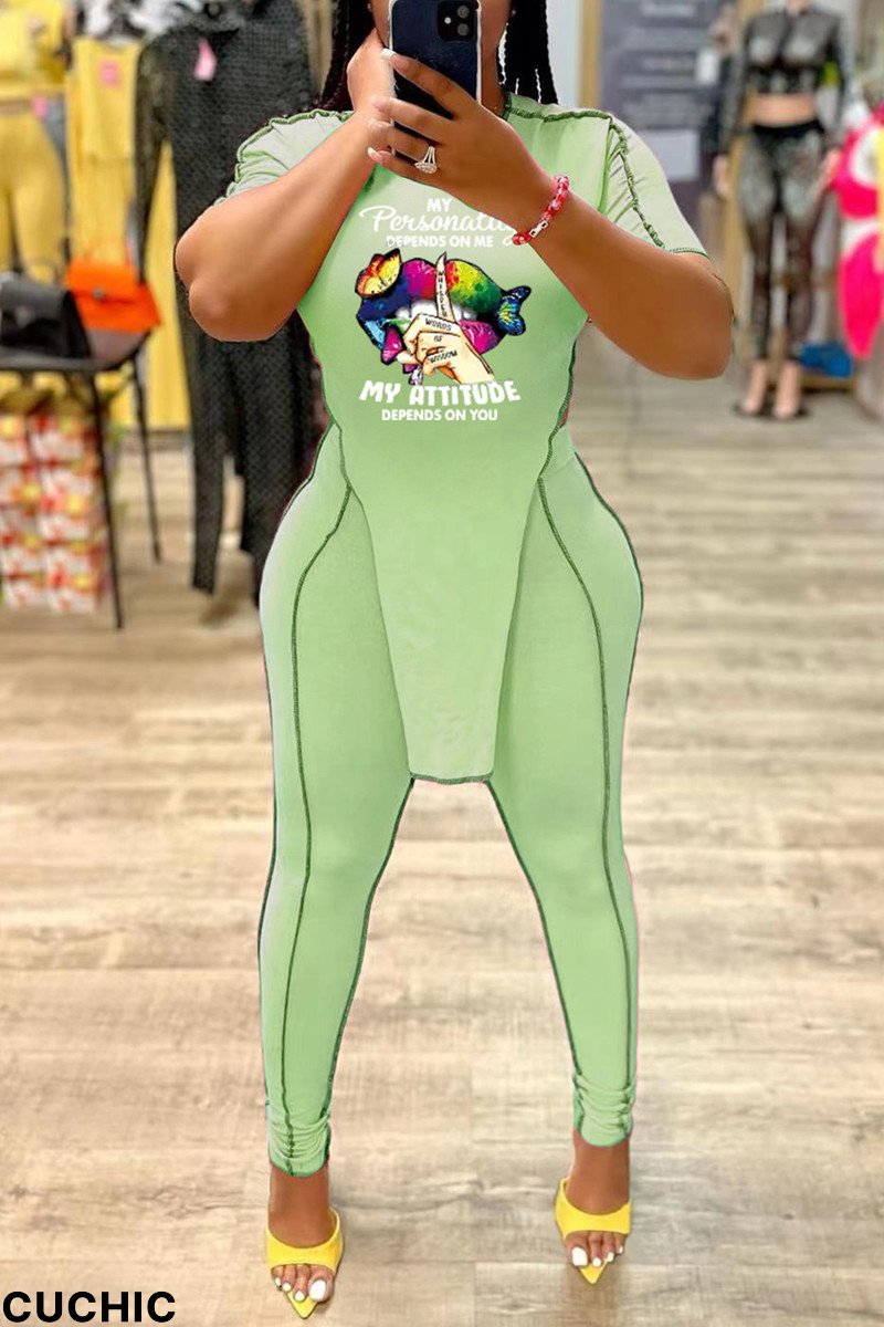 Mint green Fashion Casual Letter Lips Printed Split Joint Asymmetrical O Neck Short Sleeve Two Pieces-CuChic