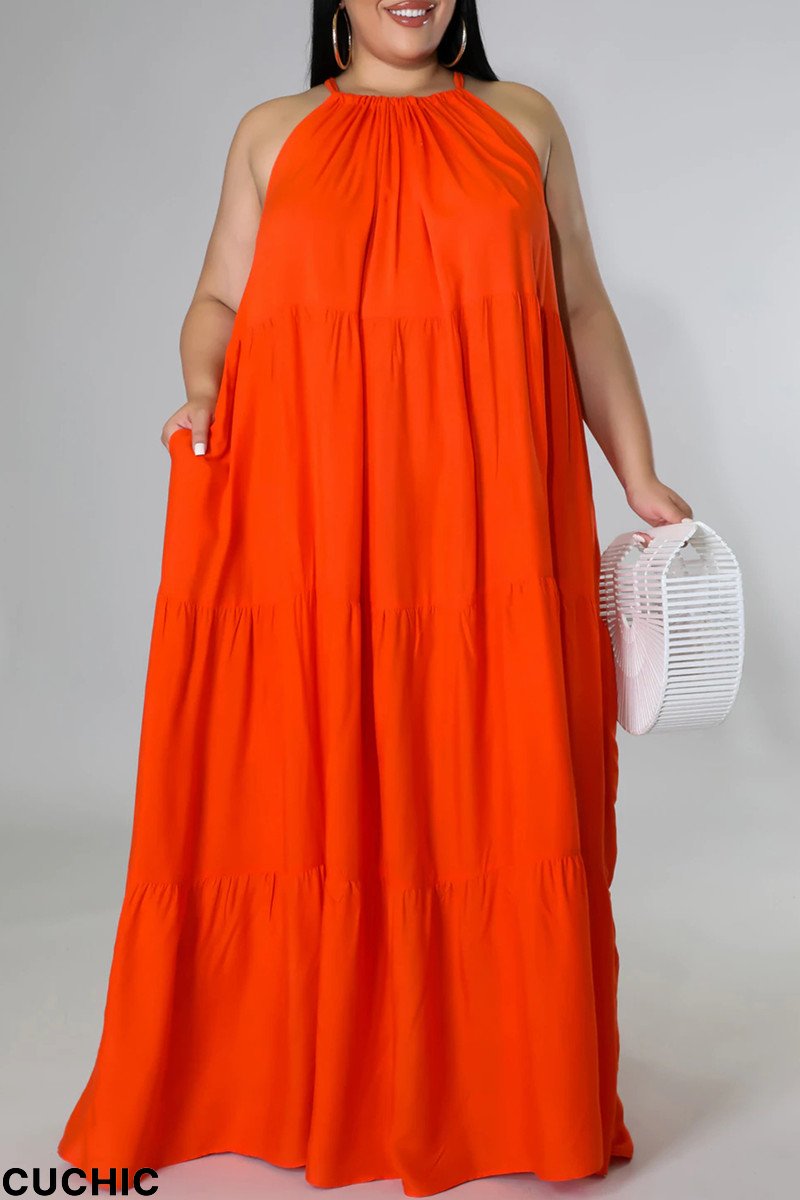 Orange Sexy Casual Solid Backless O Neck Sleeveless Dress Plus Size Dresses-CuChic