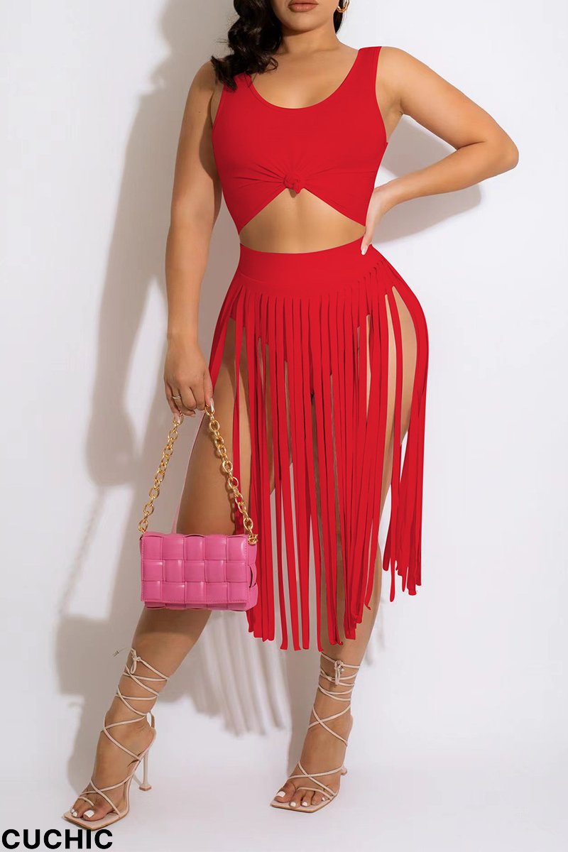 Red Sexy Solid Tassel U Neck Sleeveless Two Pieces-CuChic
