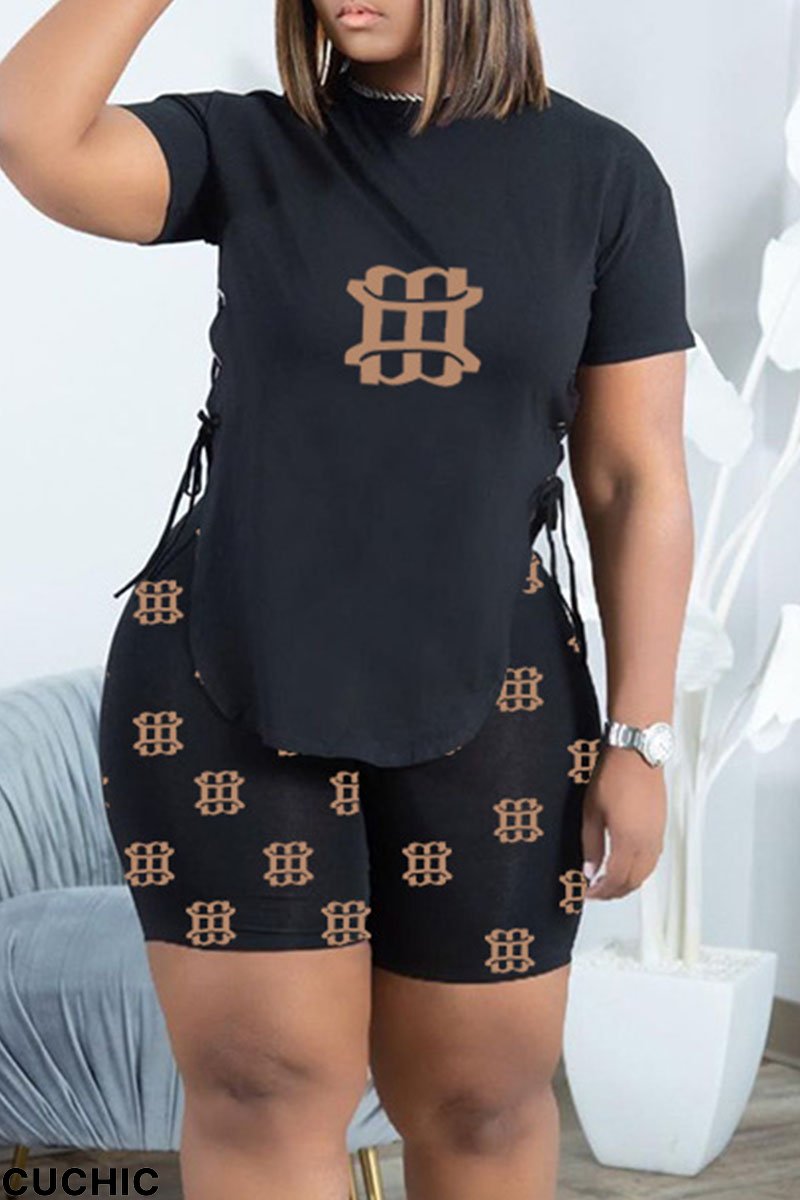 Black Brown Fashion Casual Print Bandage O Neck Short Sleeve Two Pieces-CuChic