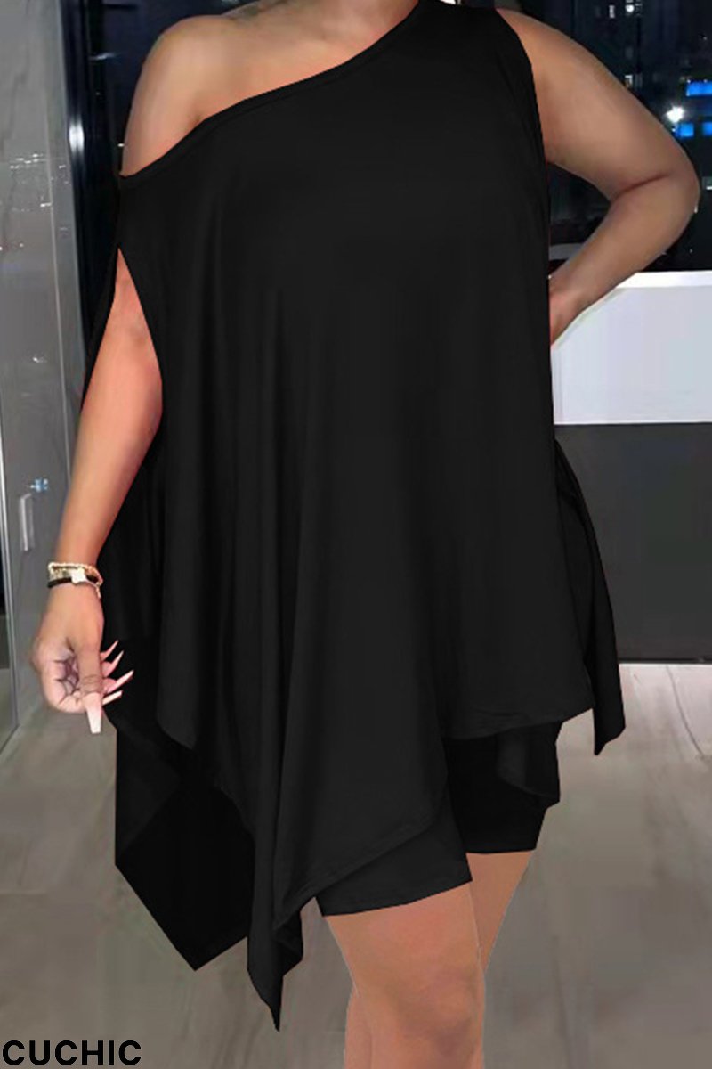 Black Fashion Casual Solid Asymmetrical Oblique Collar Sleeveless Two Pieces-CuChic