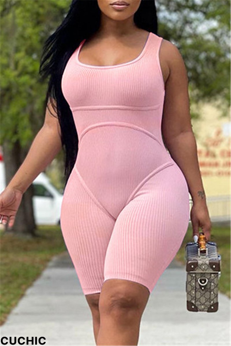 Pink Fashion Casual Solid Basic U Neck Skinny Romper-CuChic