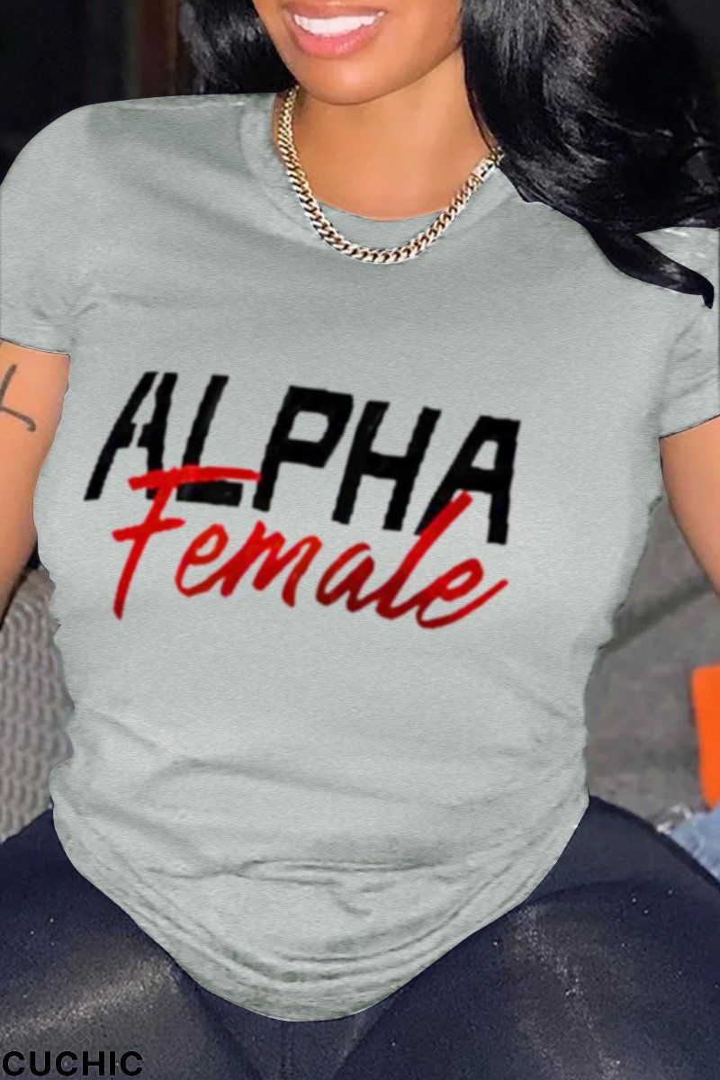Grey Fashion Simplicity Print Split Joint Letter O Neck T-Shirts-CuChic