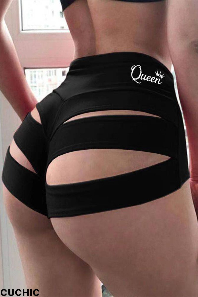 Black Fashion Casual Sportswear Letter Print Hollowed Out Skinny High Waist Short-CuChic