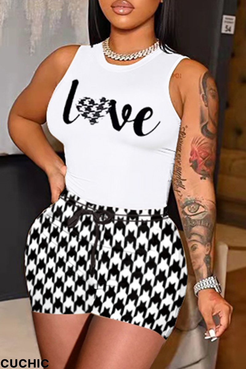 White Casual Print Patchwork O Neck Sleeveless Two Pieces-CuChic