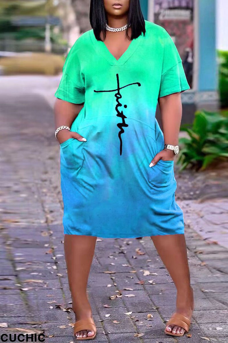 Blue Casual Print Split Joint V Neck Straight Dresses-CuChic