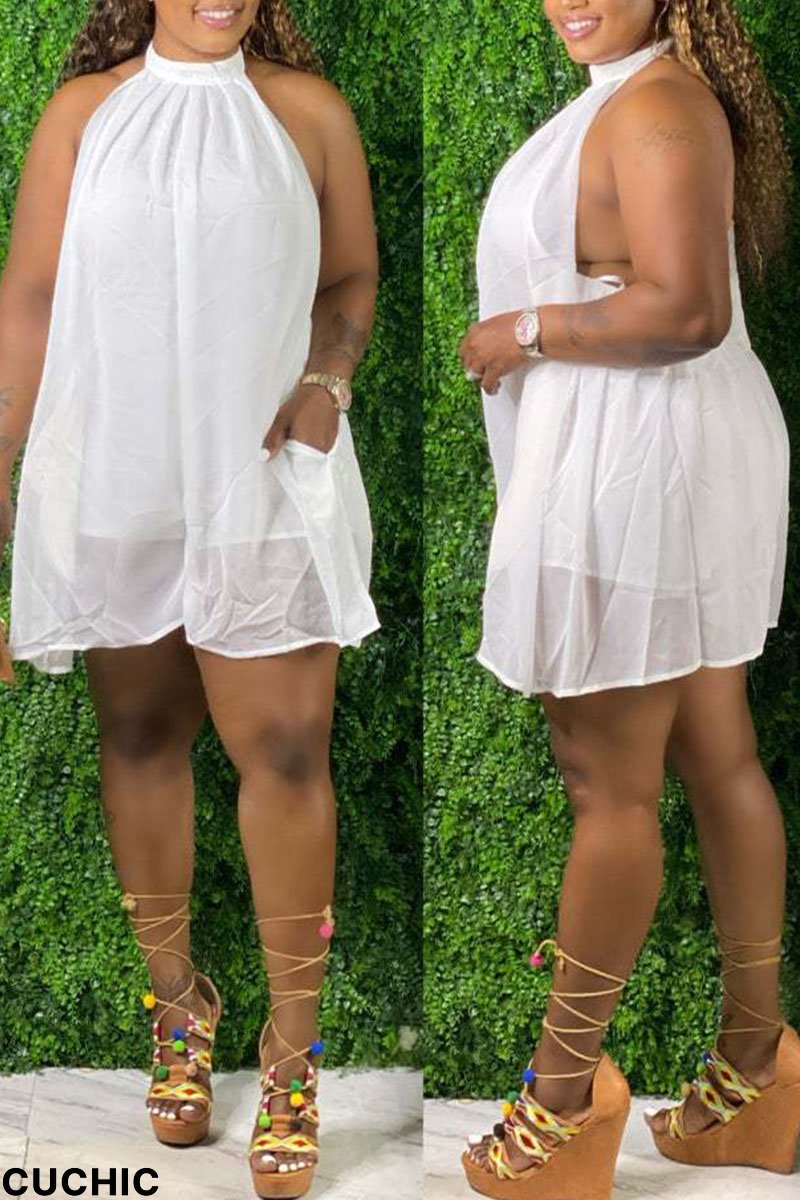 White Sexy Solid Split Joint Backless Halter Plus Size Jumpsuits-CuChic
