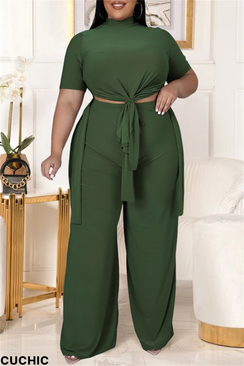 Green Fashion Casual Solid Bandage Slit Turtleneck Plus Size Two Pieces-CuChic