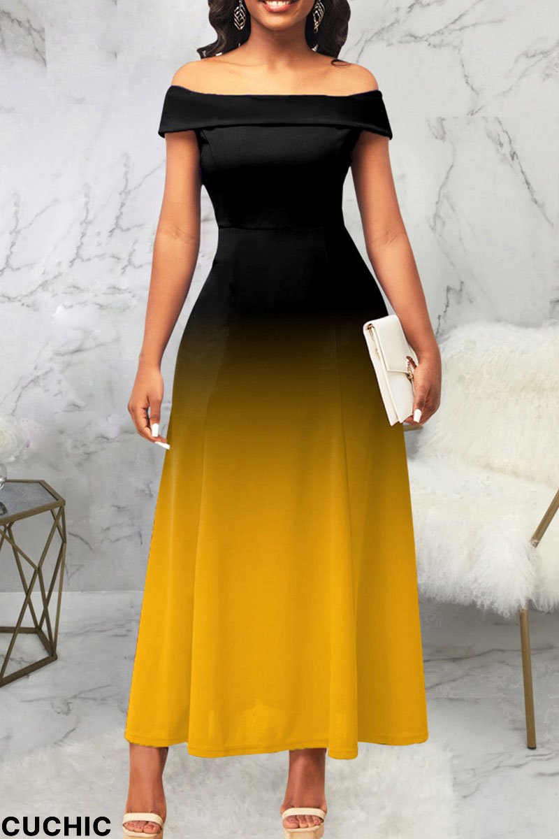Yellow Casual Gradual Change Print Patchwork Off the Shoulder A Line Dresses-CuChic