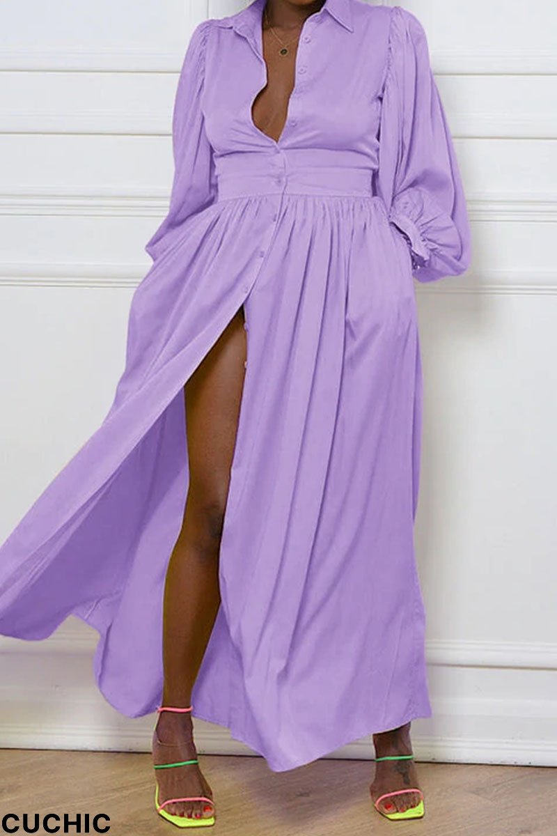 Purple Casual Solid Patchwork Buckle Turndown Collar Shirt Dress Dresses-CuChic