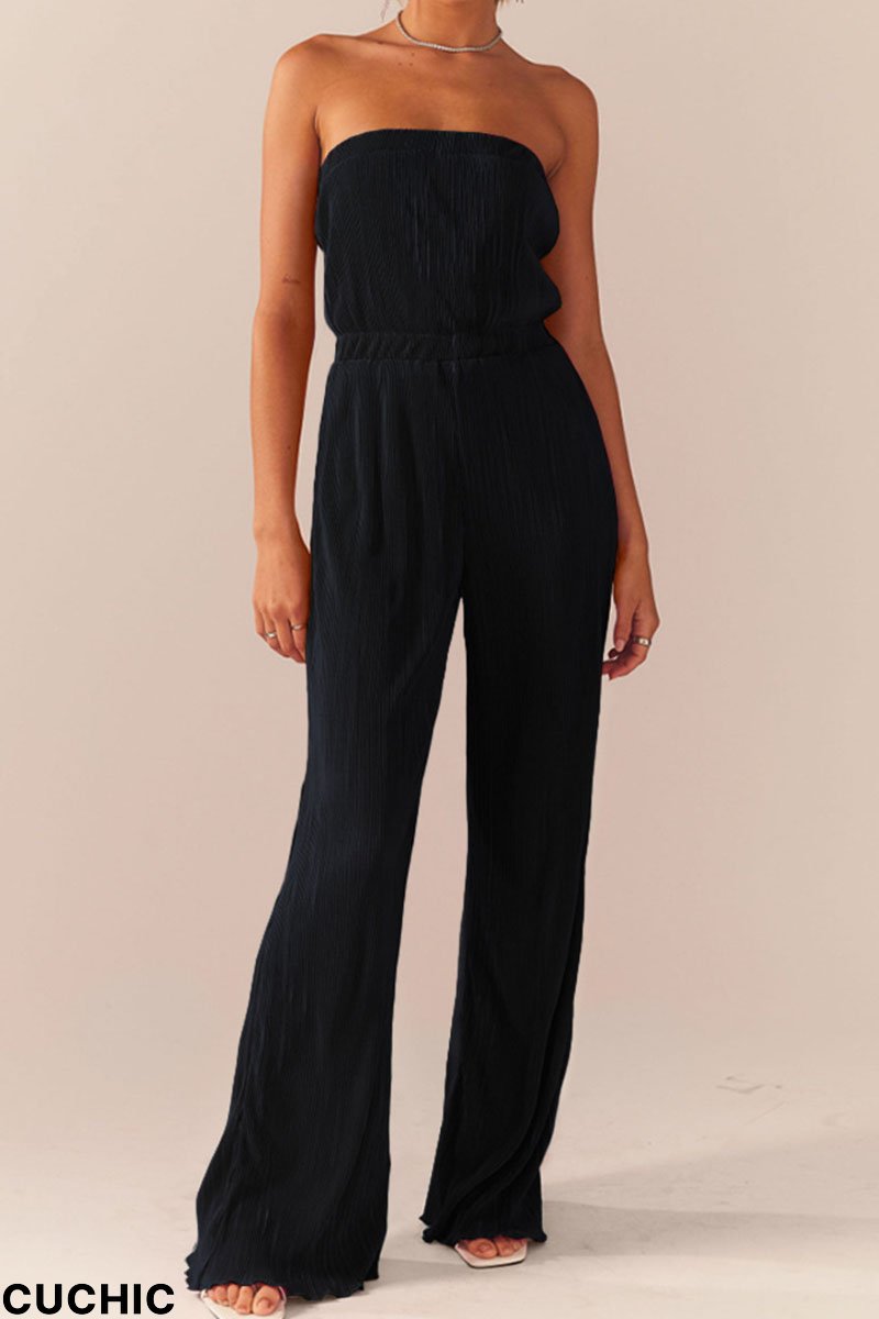 Black Sexy Solid Patchwork Fold Strapless Straight Jumpsuits-CuChic
