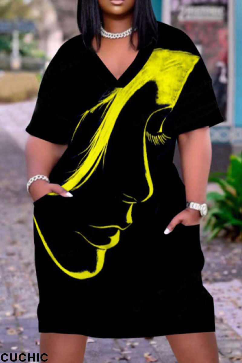 Black Yellow Fashion Casual Print Patchwork V Neck Short Sleeve Dress-CuChic