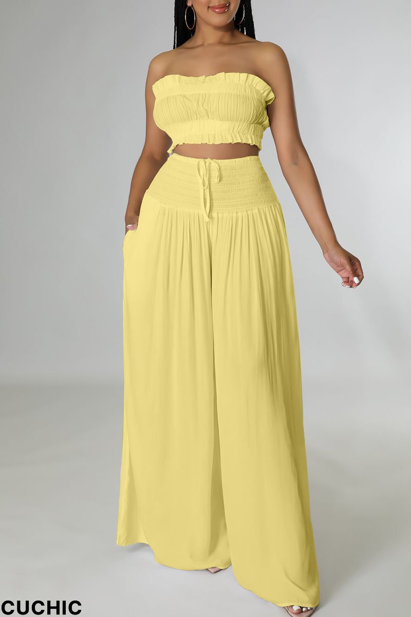 Yellow Sexy Solid Split Joint Stringy Selvedge Strapless Sleeveless Two Pieces-CuChic