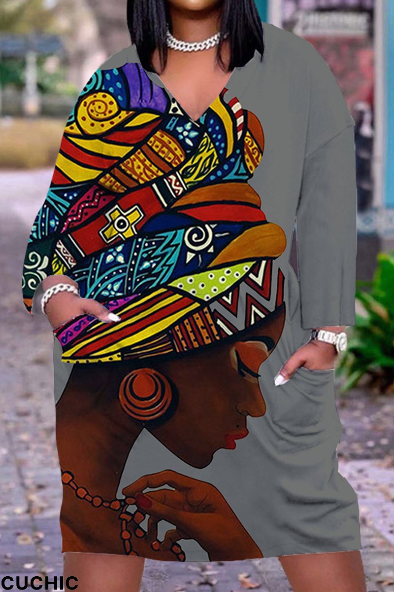 Dark Gray Fashion Casual Print Patchwork V Neck Long Sleeve Dresses-CuChic